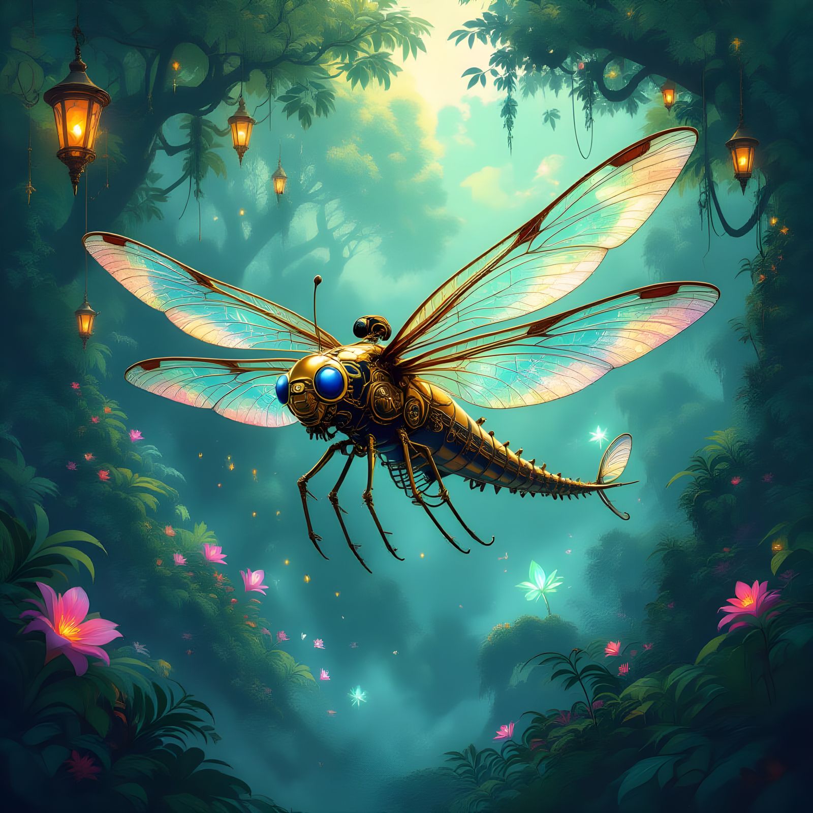 Steampunk Dragonfly Ornithopter over Bioluminescent Forest