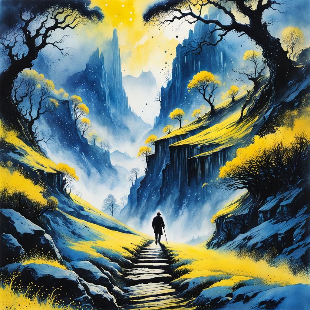 mysterious path through the misty valley into infinity, ink splash art masterpiece, watercolor, by Virgil ...  by @Tina auf der Blumenwiese