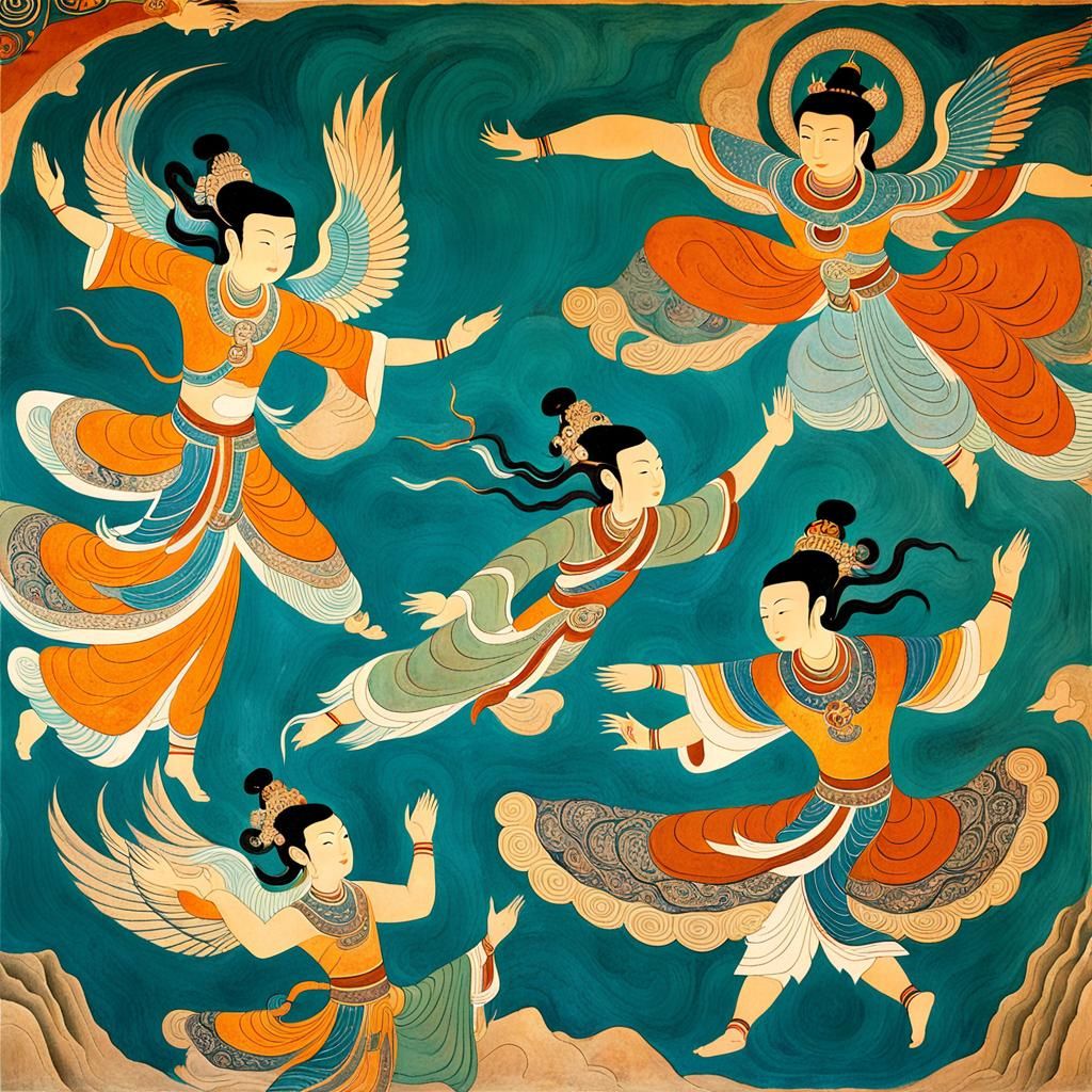Dunhuang Murals: Flying Deities Ascending on Clouds