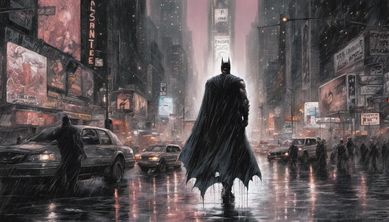 Batman in New York walking in de mist en regen  in een achte...