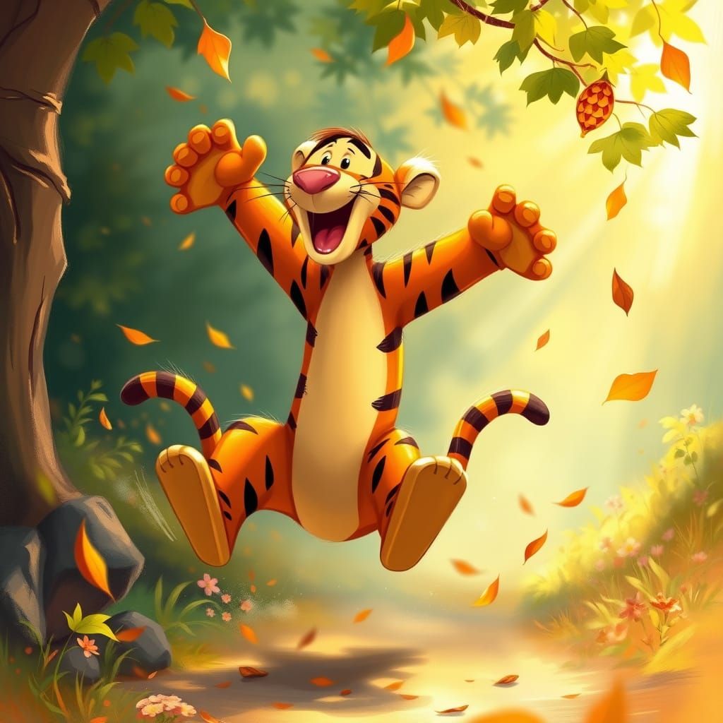 Whimsical Tigger Scene in Thomas Kinkade Style - AI Art