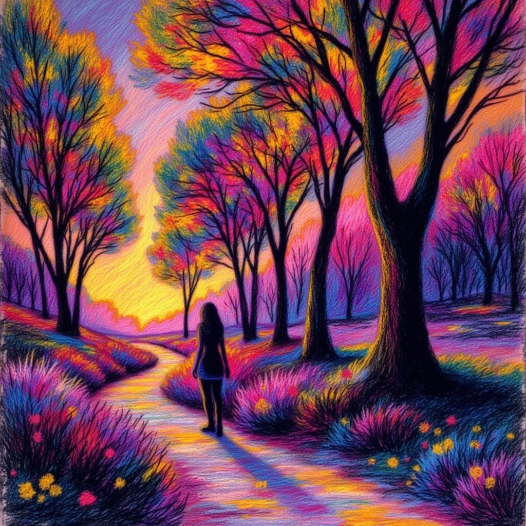 Lone Figure Walks Red Sunset Path in Impasto Style