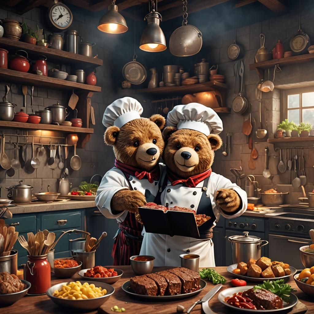 Teddy bear cooking a meatloaf dinner in chef garb with cook ...