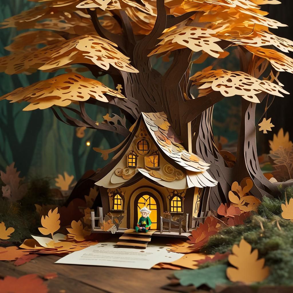 A collage Paper Art of An elf with a curly white beard and bushy eyebrows sits outside a cozy tree house, ...  by @Murray