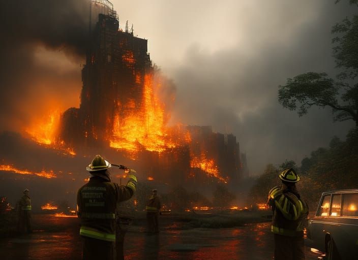 firefighter battling a huge blaze; by Tvera, Cassie Sherlin,...