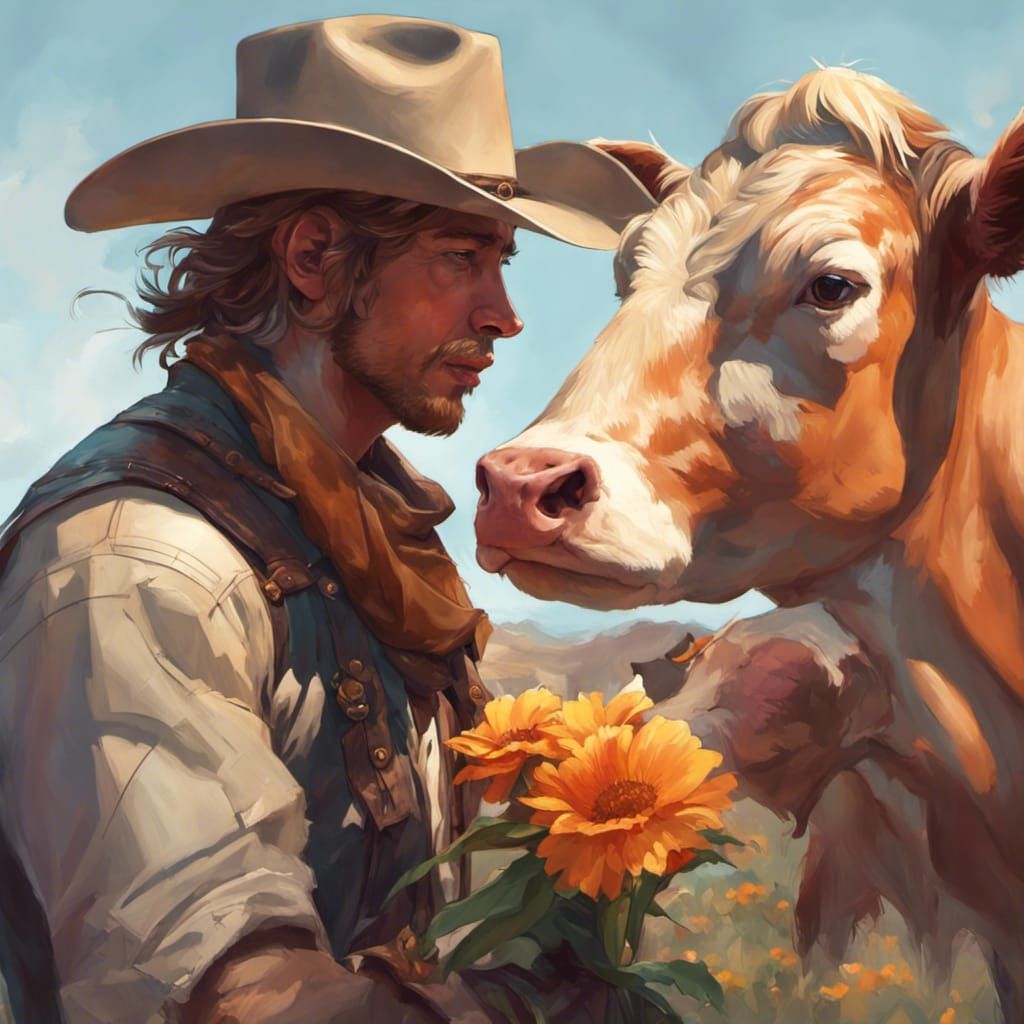 Cowboy giving Flowers to a Baby Cow