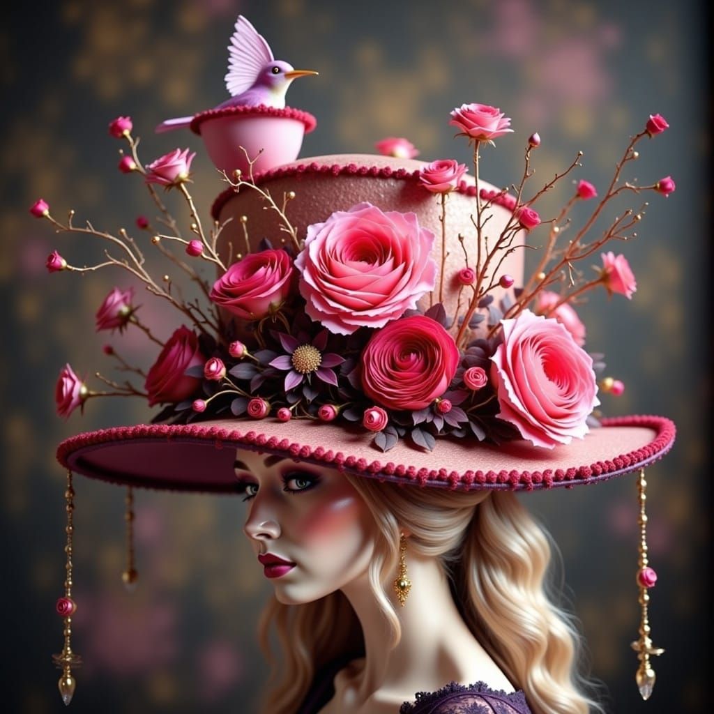 <lora:Fashion Hats:1.0>  there is a bird, a cup of tea, cake all attached to the hat  by @Oma