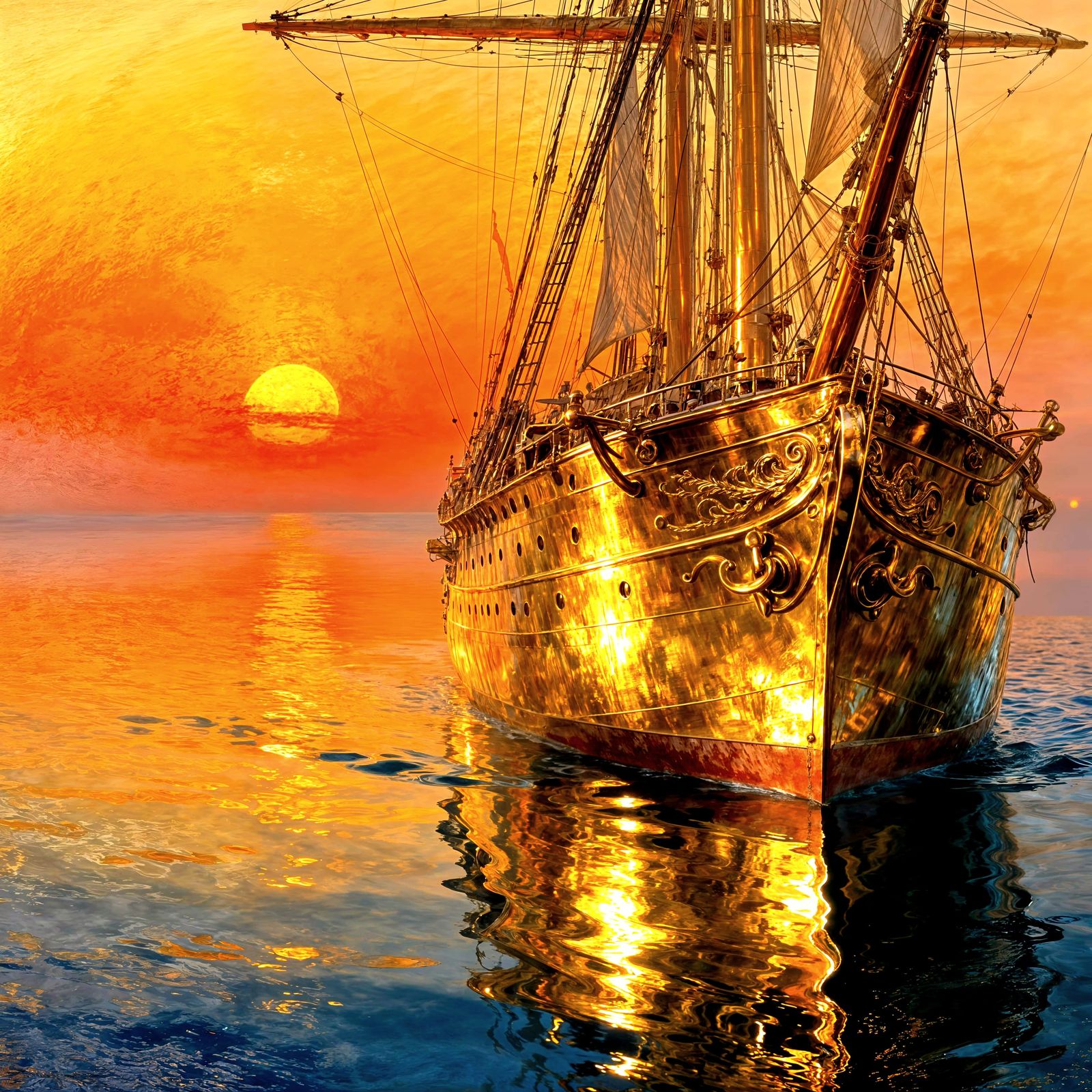 The polished brass hull of a grand sailing ship reflects the fiery orange sunset over a calm sea. The ...  by @TEEGRAF
