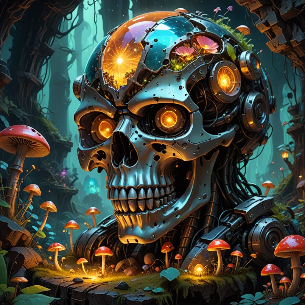 Digital painting. A hidden crystal city nestles inside the hollowed-out skull of a giant, abandoned robot, illuminated by glowing mushrooms ...