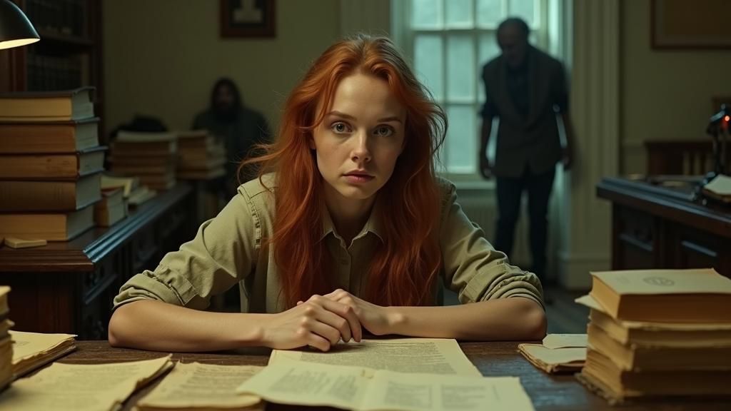 hyperrealistic wide shot of dusty town archives, ARRI ALEXA 65, 16:9 aspect ratio. Emma (early 30s, intense green eyes, long auburn hair, pa...