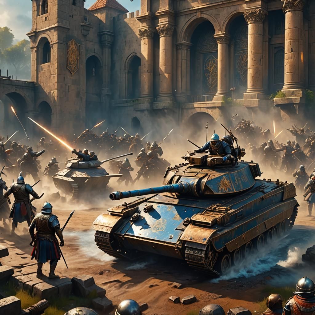 Roman Legionnaires Ride a Tank in Fantasy Battle