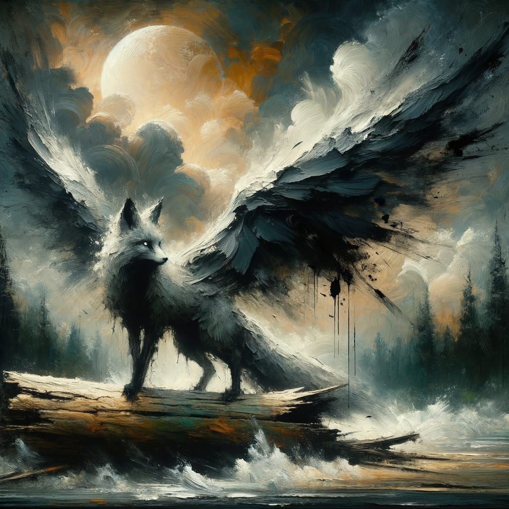 Winged Fox Spirit Overlooking Storm as Impasto Painting