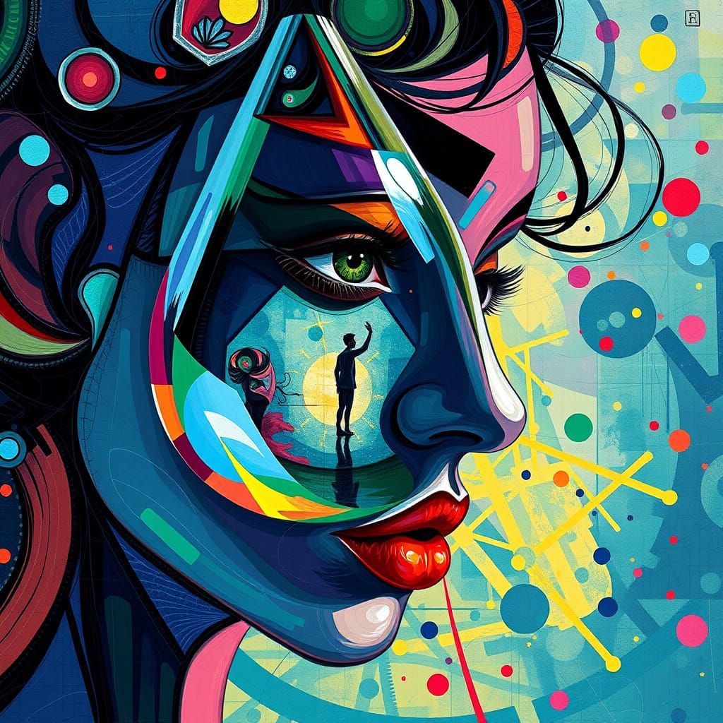 Vibrant Neo-Cubist Reflection in Dewdrop Kaleidoscope