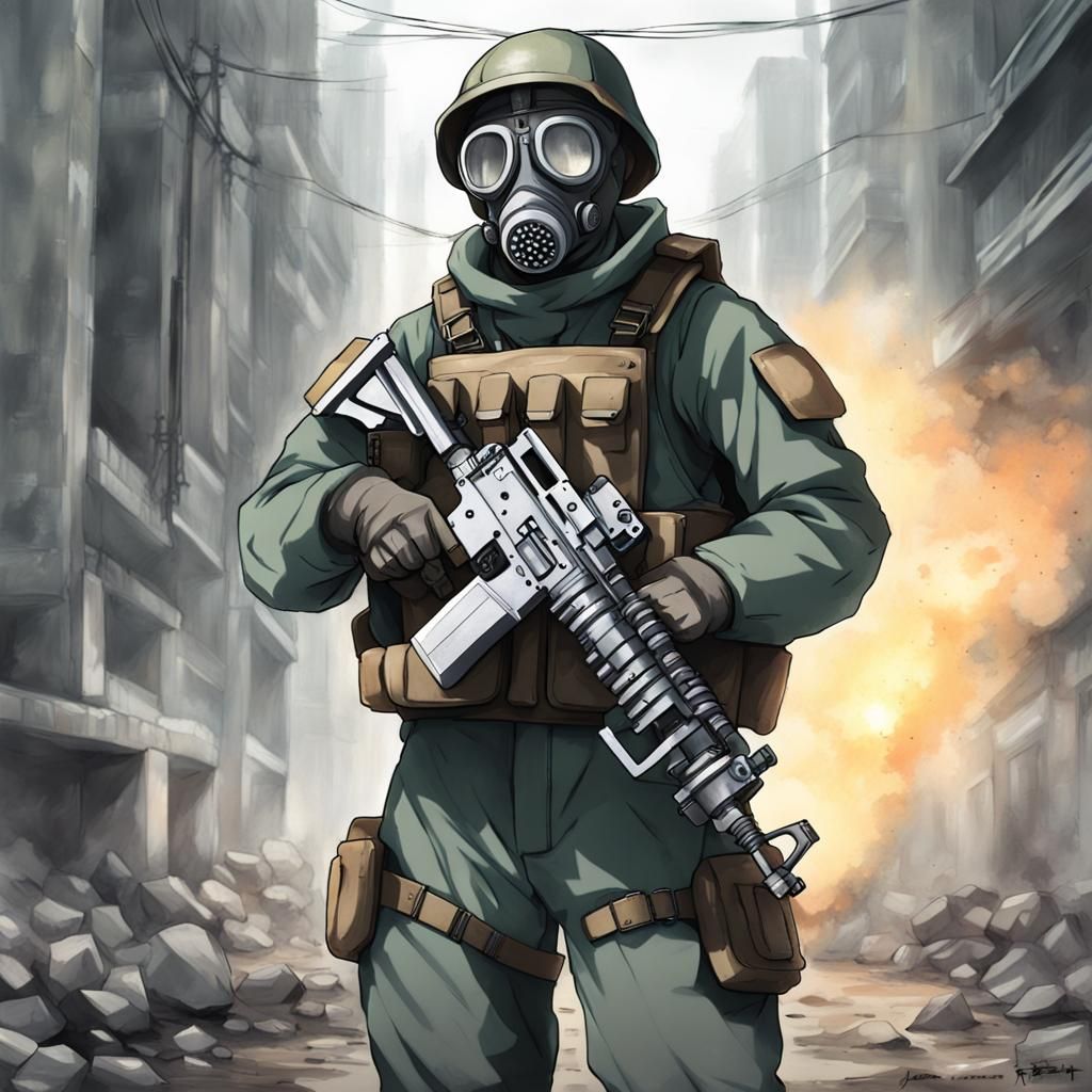 heavily armored gas mask soldier holding machine gun