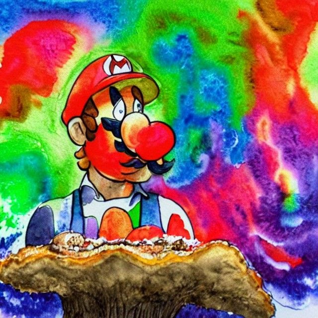 A warped psychedelic colourful melted watercolour of Mario e...