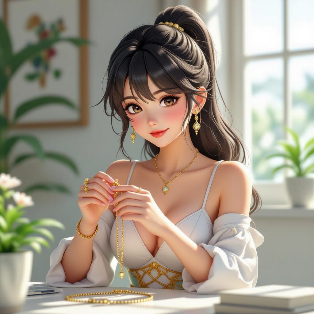 Anne Cleans Her Charm: 3D Anime Art in Genshin Style