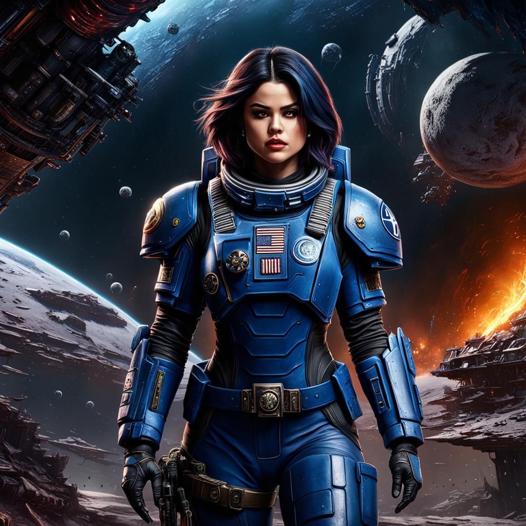 Selena Gomez in the space jumpsuit, Space Marine from Warhammer 40,000