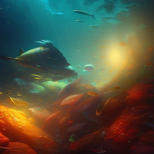 Ocean, Rainbow Coral, Rainbow Fish, Red shark, Hyper Detail,...