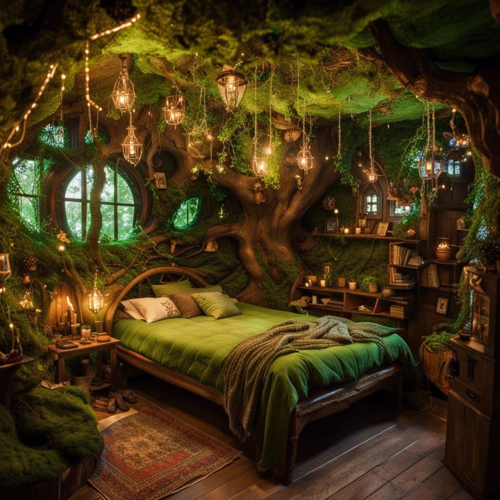 adorable fantastical intricately detailed forest elven bedroom, room in ...