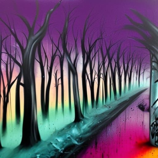 Silent hill, purple black, twisted trees in background.