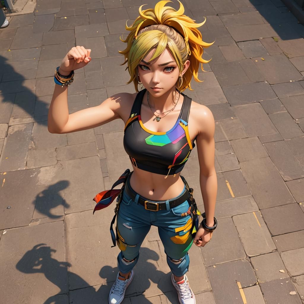 strong teenage girl in a crop top tank top