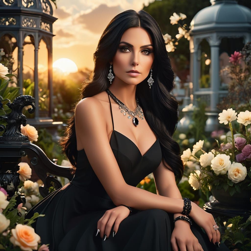 An image featuring a beautiful woman with long, sleek straight black hair, dressed in a sleek black dress accessorizing ...