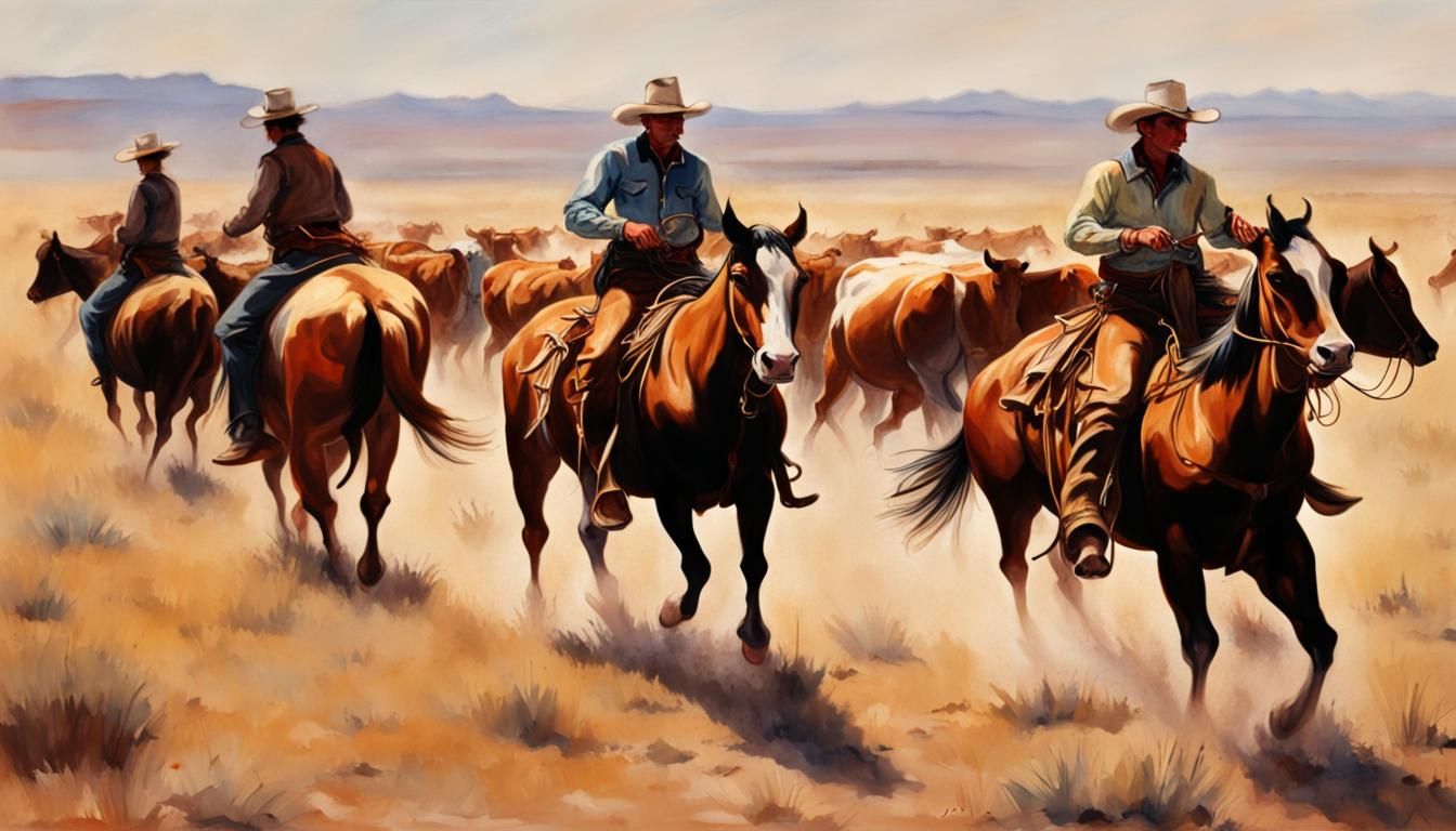 Cowboys rounding up cattle in the style of Charles Marion Ru...