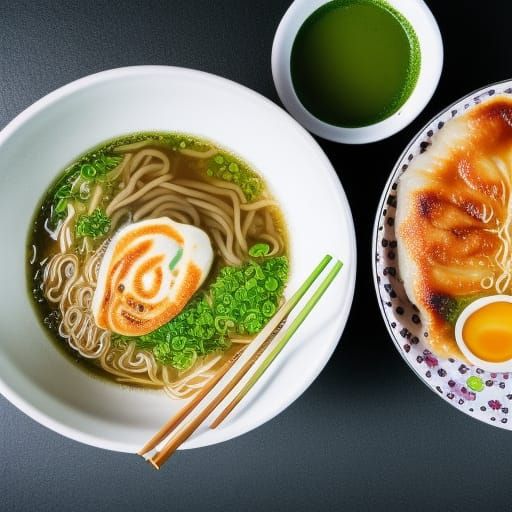Sizzling Asian combo: ramen, gyoza, fried rice and matcha la...