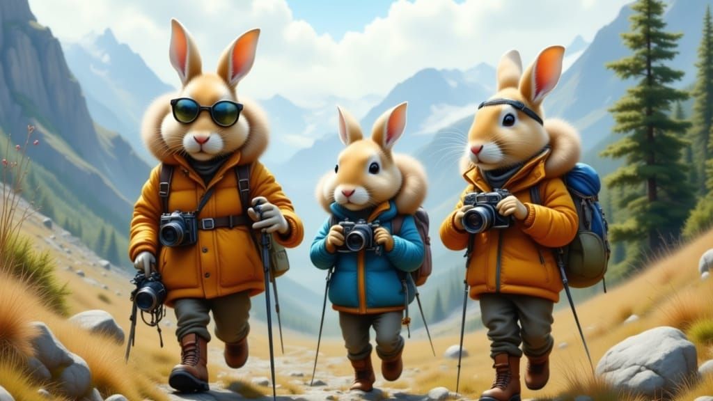Happy anthropomorphic super cute bunnies dressed in hiking gear with cameras hiking through the Alps.  by @beth 