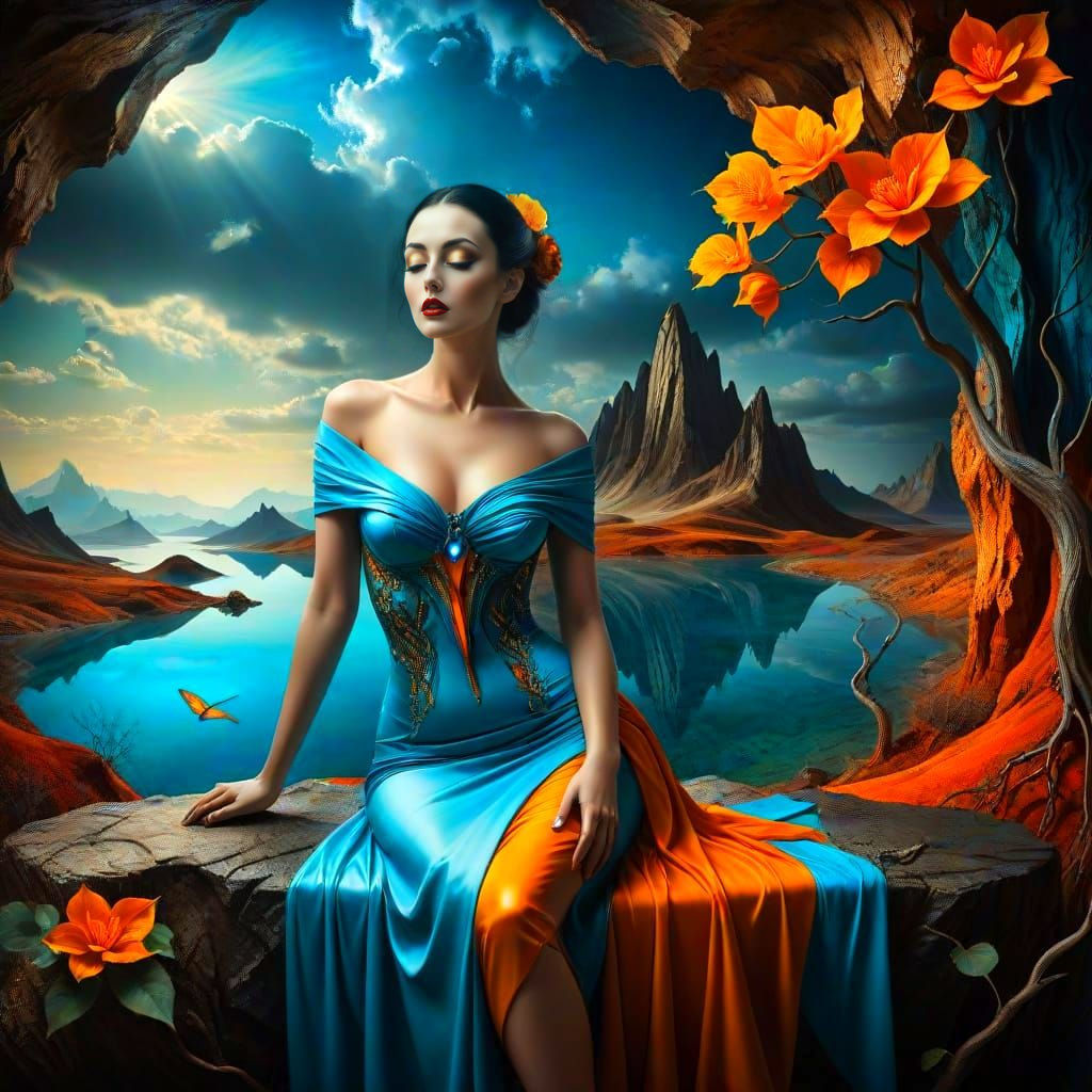 Surreal Lady in Vibrant Landscape