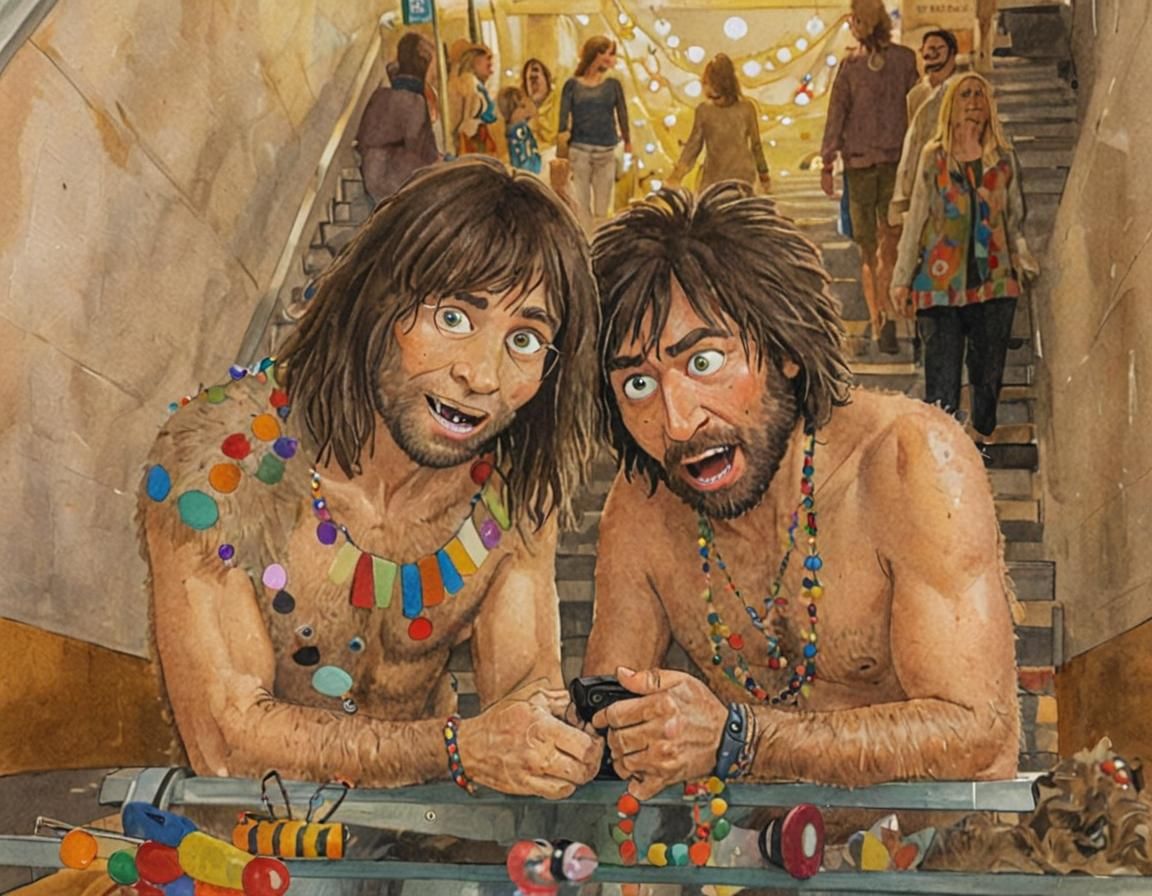 Whimsical acrylic art. A primitive hairy surprised cave man ...
