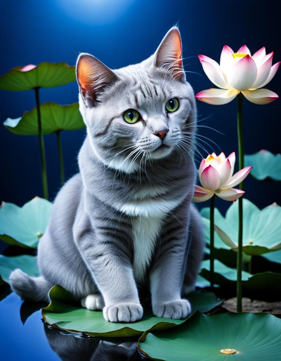 Cat and lotus flower; cat is blue and silver; lotus flower i...