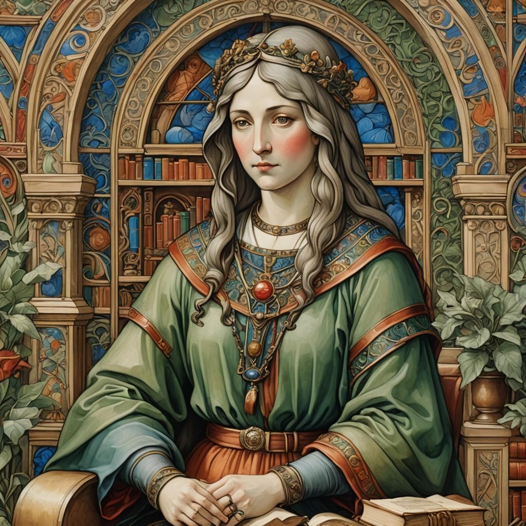 Rainbow female sage in ancient library of Alexandria