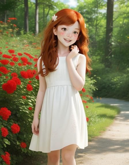 Auburn-haired Girl Picking Flowers in Anime Style
