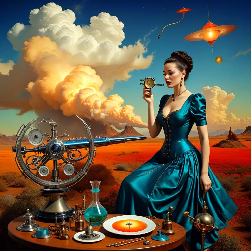 Eccentric Lady in a Whimsical Scientific Wonderland