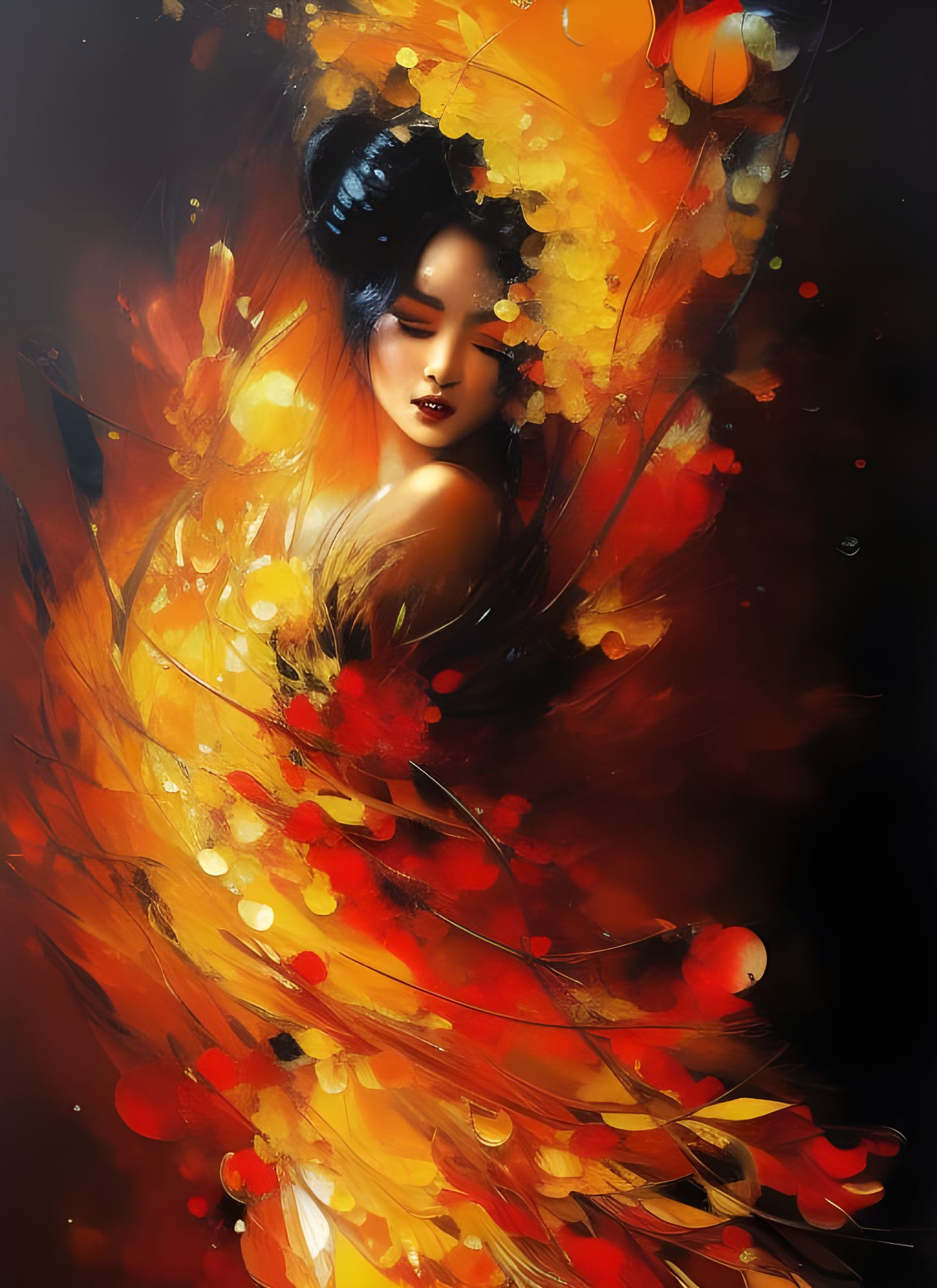 Fiery Geisha Portrait in Oil Gouache Style
