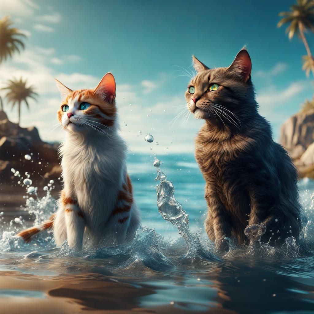 Two cats playing the water near the beach - AI Generated Artwork ...