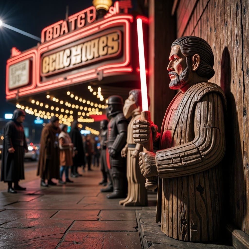 <lora:PacificNW FL:1.0>A person lining up outside a theater for the midnight premiere of a blockbuster, holding a plastic lightsaber and a...
