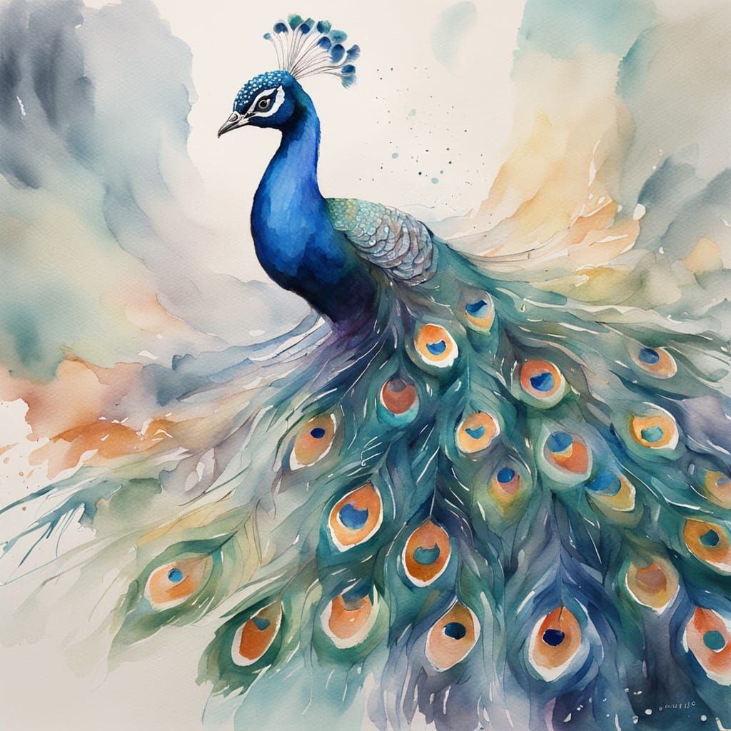 Peacock Opens Wings in Whimsical Watercolor Style