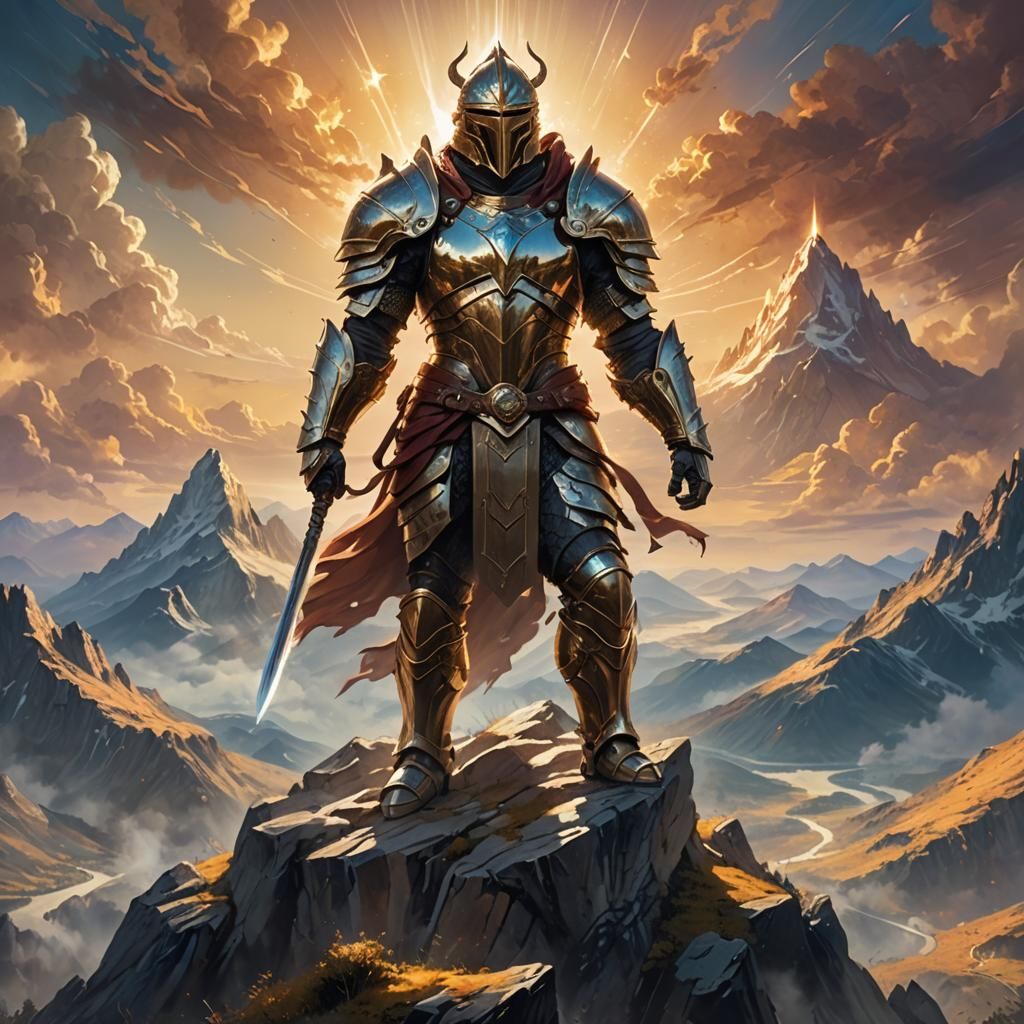 Triumphant Warrior in Surreal Fantasy Landscape