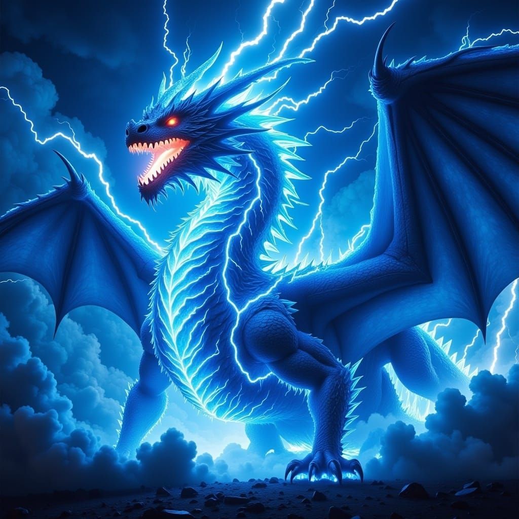 <lora:DragonV1:1.0> A towering dragon made of crackling electricity hovers in the stormy sky, its body glowing with arcs of blue and white l...