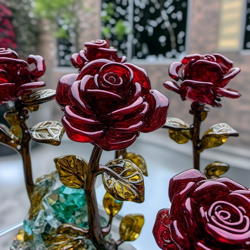 Deep Red Glass Roses In Glass Garden 1. - AI Generated Artwork