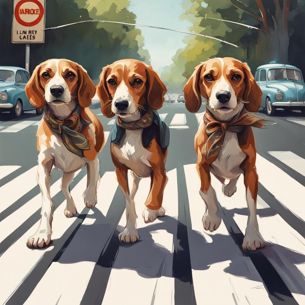 side Portrait of four adorable anthropomorphic beagles cross...