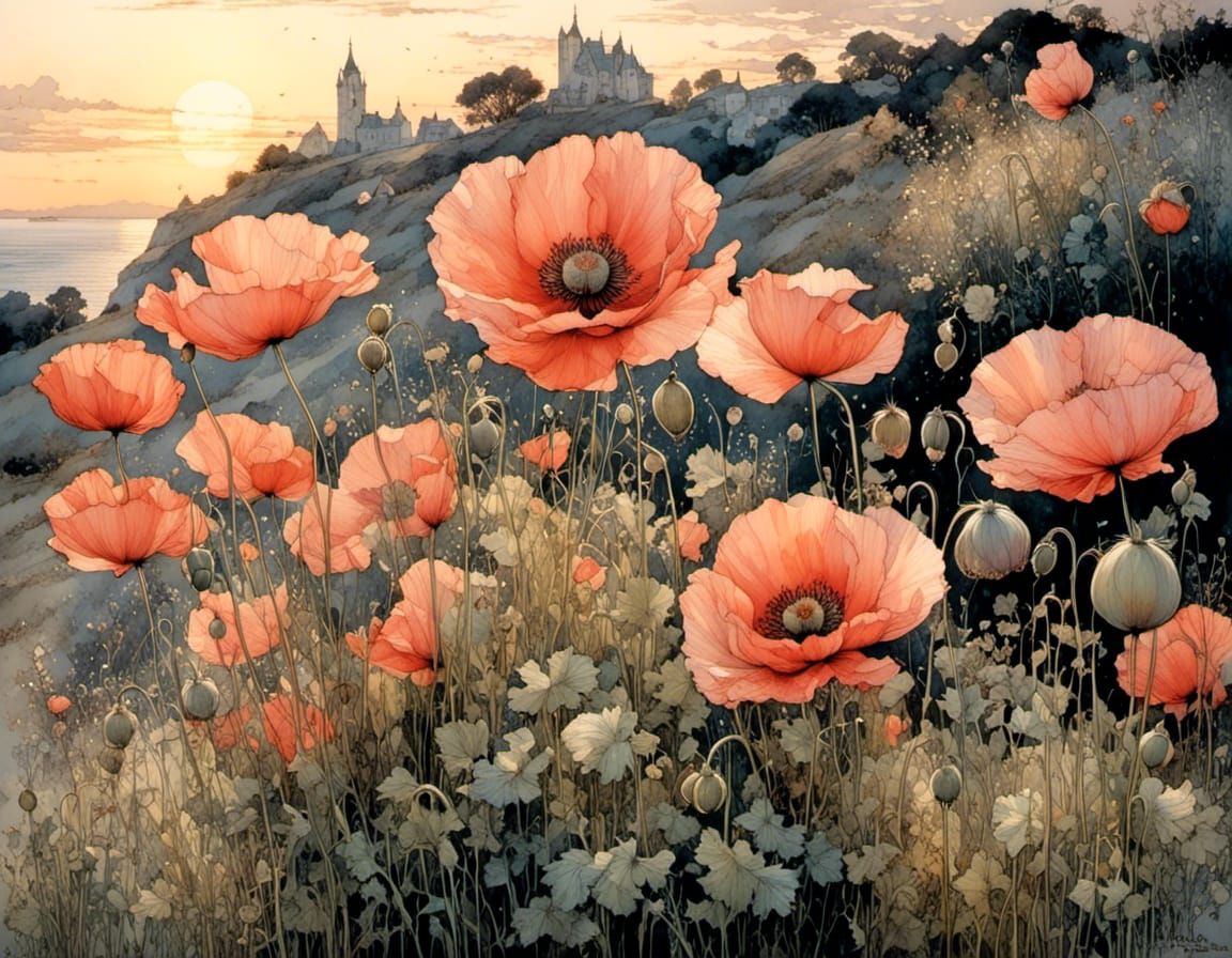 beautiful poppies in the pink evening light, by Charles Maurice Detmold, Steve Hanks and Anton Pieck, ...  by @Tina auf der Blumenwiese