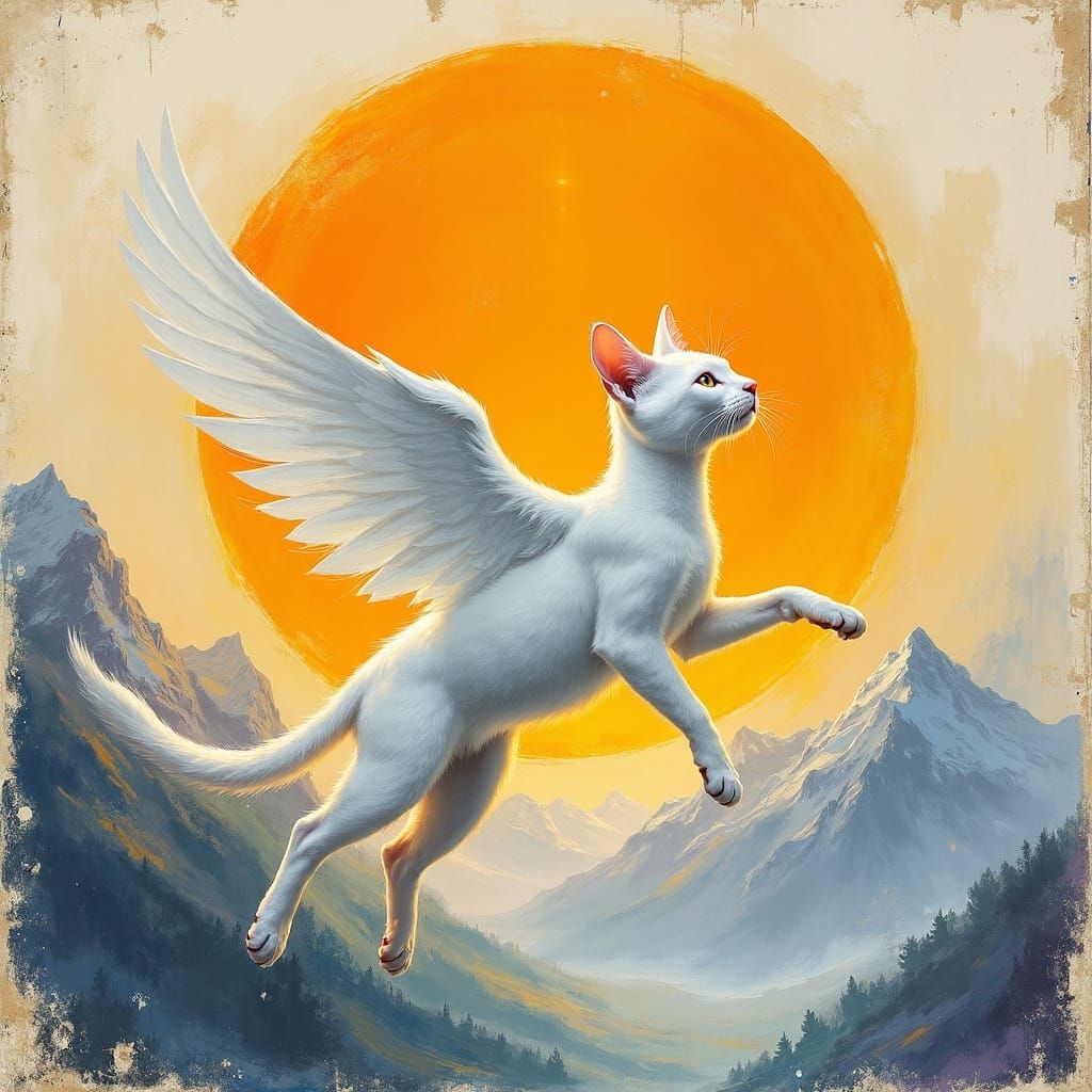 Mixed media artwork featuring a large golden-orange circular sun in the center of the composition. Inside the circle: warm golden sunset sky...