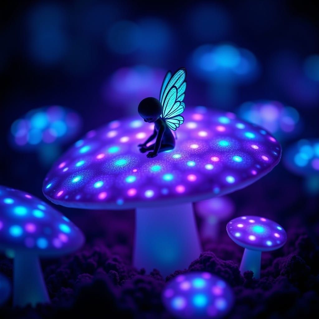 Epic Bioluminescent fairy on a toadstool. A mesmerizing display of bioluminescence, rendered in hyperphotorealistic detail, where the soft g...