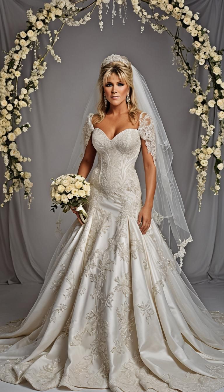 Samantha Fox wearing a extravagant wedding dress