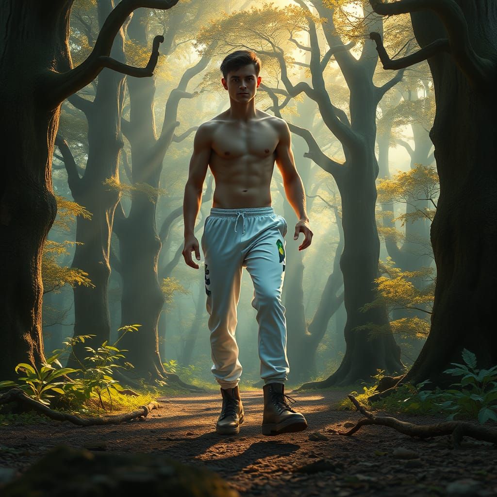 Handsome young shirtless man wearing white sports kit and doc marten boots walks through a forest  detailed matte painting, deep color, fant...