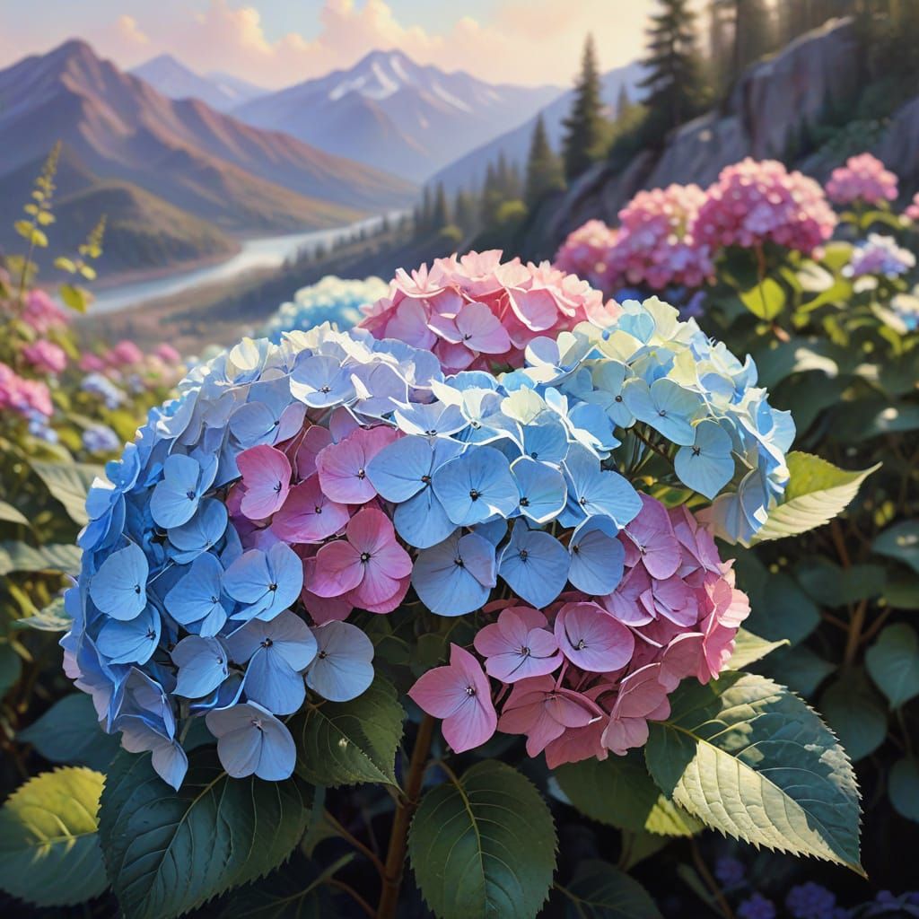 A watercolor painting of white, blue, and fuchsia hydrangea flowers in the foreground. The vibrant color ...  by @Granit9