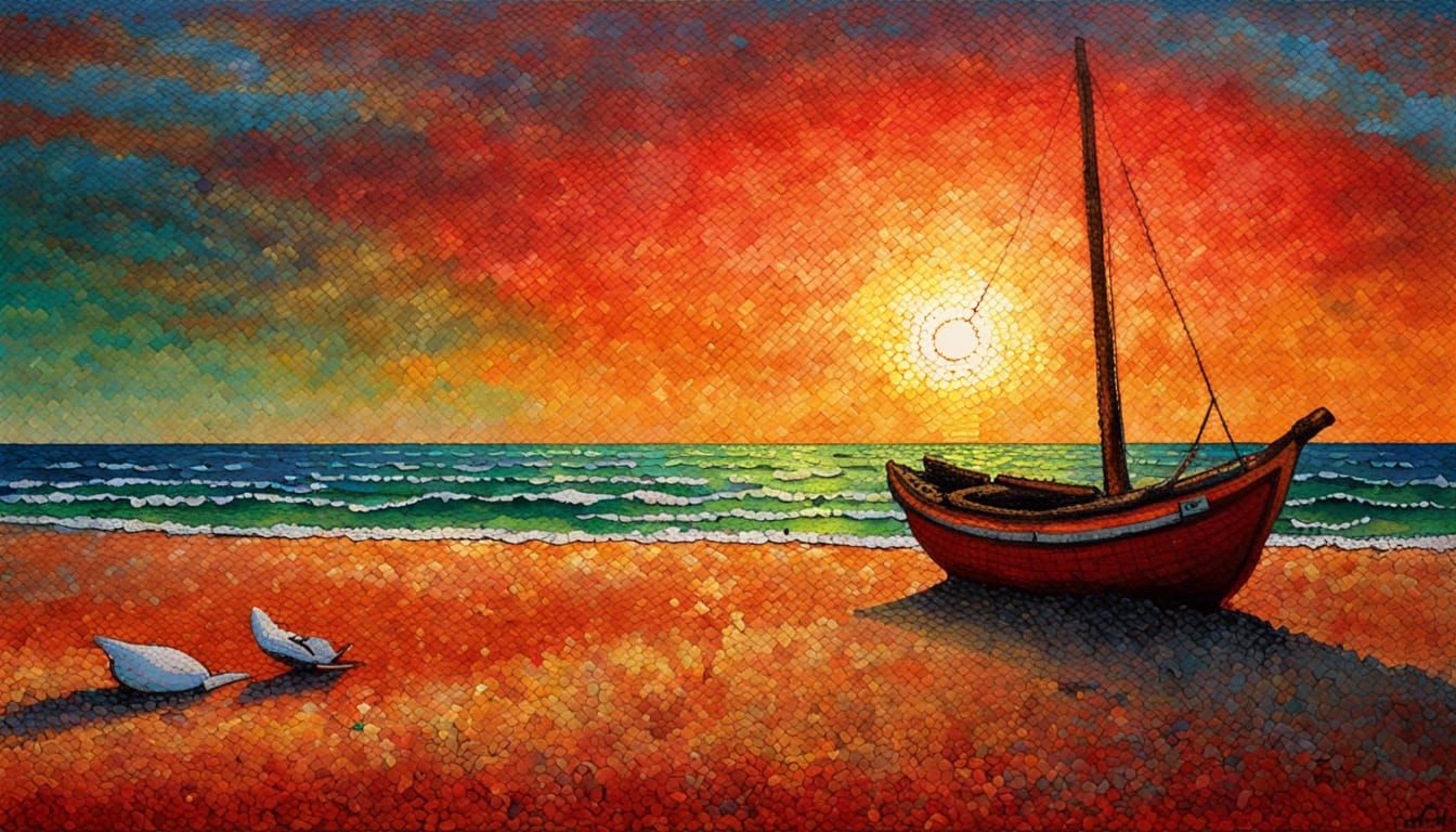 Pointillist red sunset over a sea with a wrecked sloop on a beach  by @Urna Semper